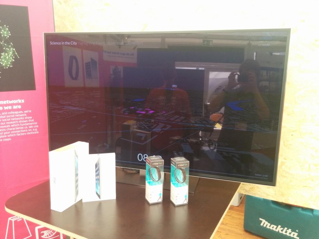 One of the visualisations at our booth in The House of Future Technologies - together with some of our prices.