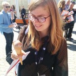 Kristina Linde Hansen "enjoying" an ice-cream based on artificially grown meat cells from pandas.