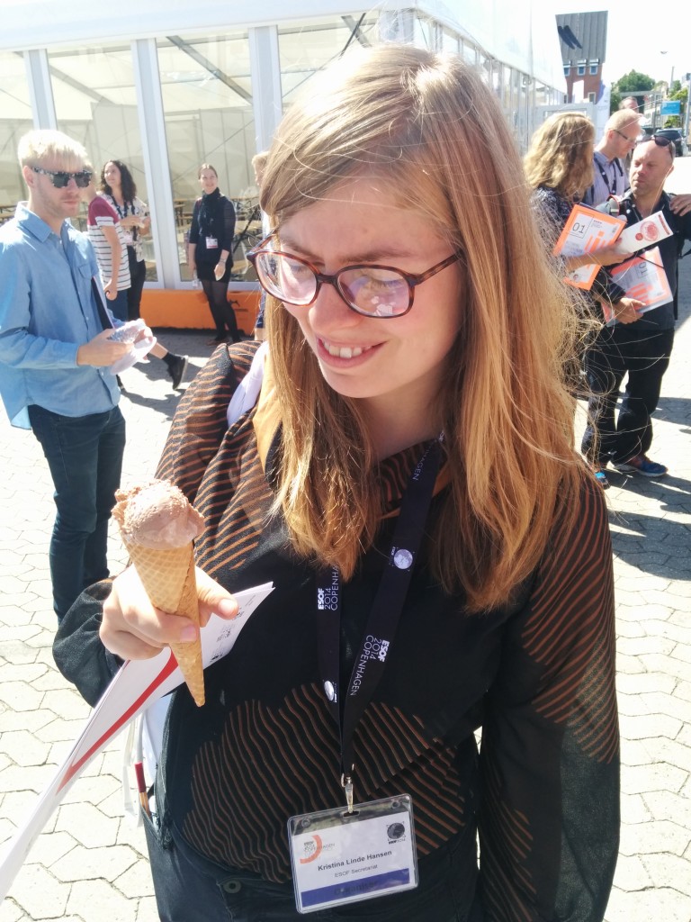 Kristina Linde Hansen "enjoying" an ice-cream based on artificially grown meat cells from pandas.